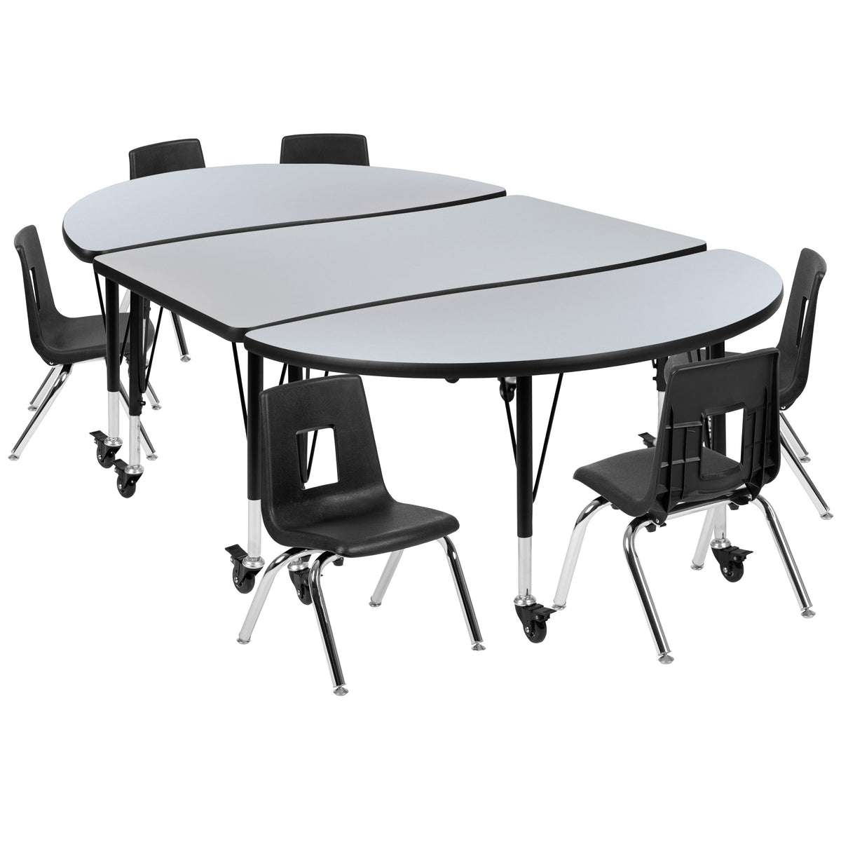 Grey Top/Black Frame |#| Mobile 76" Oval Wave Activity Table Set-14" Student Stack Chairs, Grey/Black
