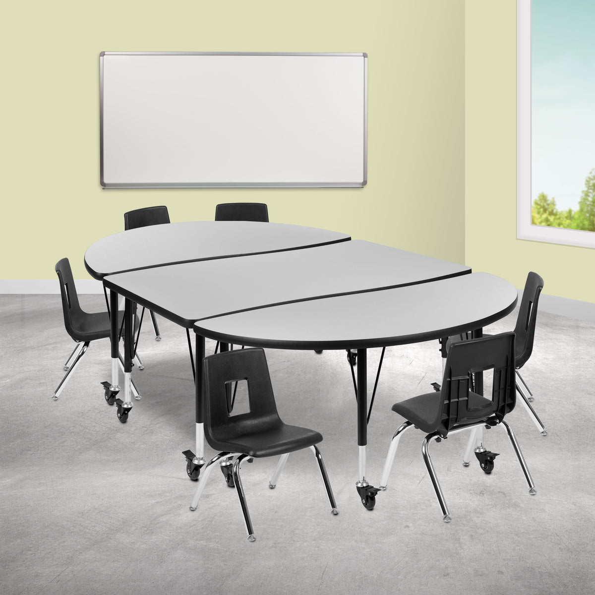 Grey Top/Black Frame |#| Mobile 76" Oval Wave Activity Table Set-14" Student Stack Chairs, Grey/Black