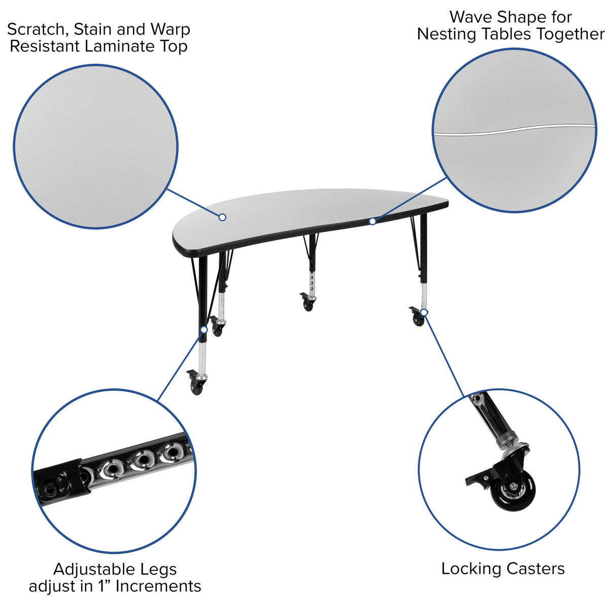Grey Top/Black Frame |#| Mobile 76" Oval Wave Activity Table Set-14" Student Stack Chairs, Grey/Black