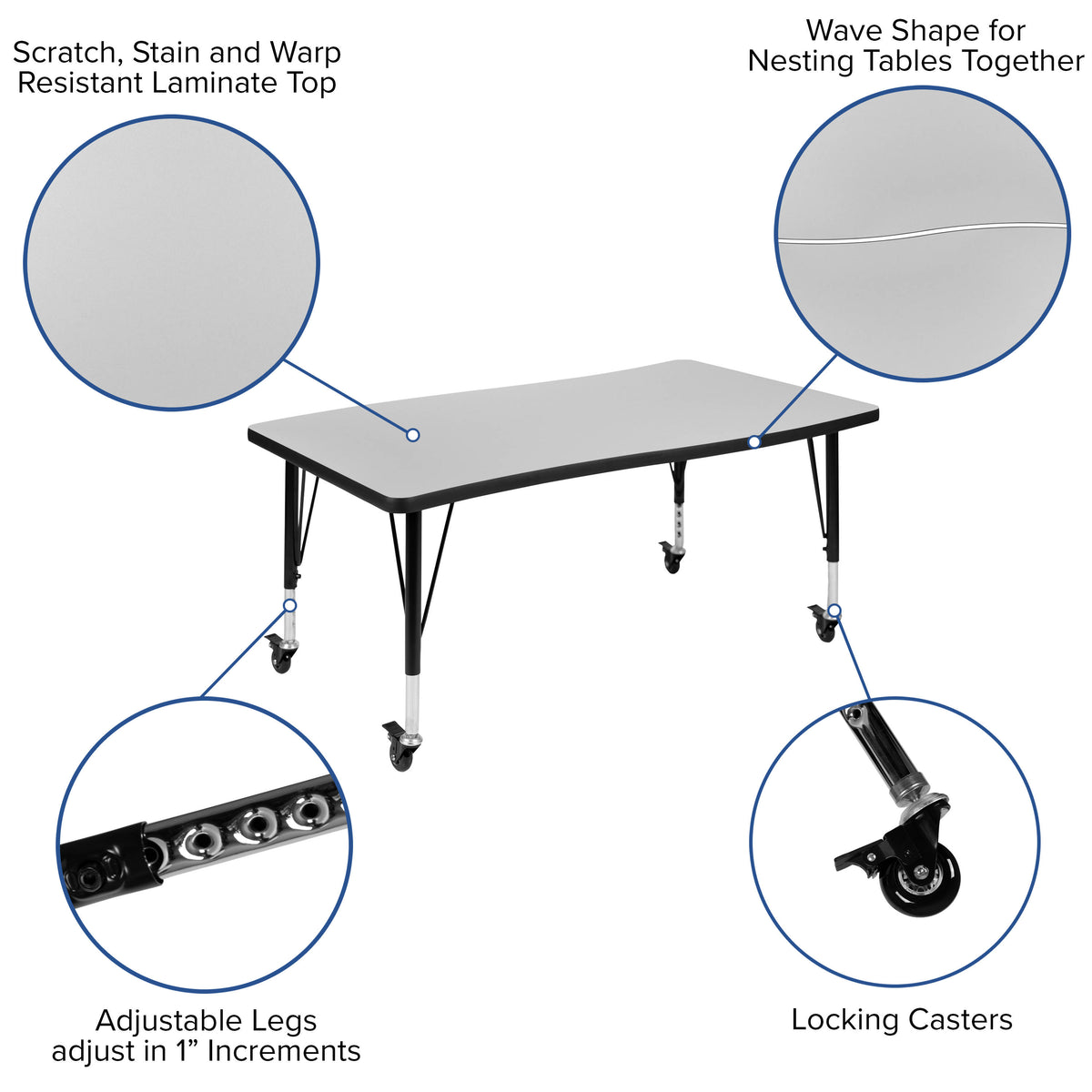Grey Top/Black Frame |#| Mobile 76" Oval Wave Activity Table Set-14" Student Stack Chairs, Grey/Black