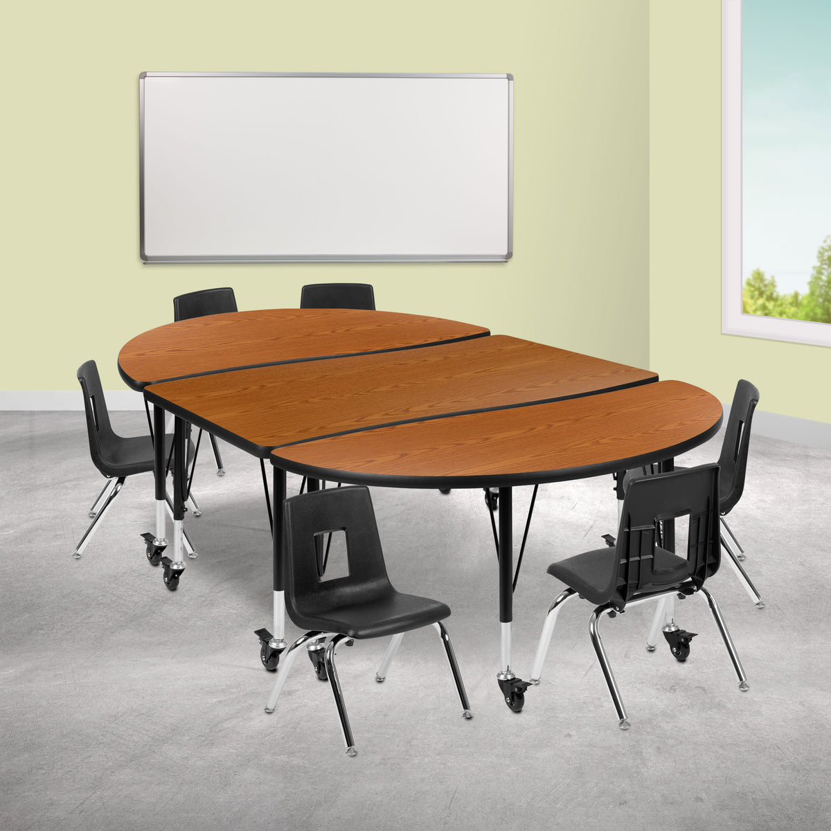 Oak Top/Black Frame |#| Mobile 76" Oval Wave Activity Table Set-14" Student Stack Chairs, Oak/Black
