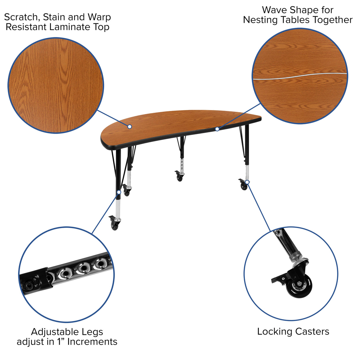 Oak Top/Black Frame |#| Mobile 76" Oval Wave Activity Table Set-14" Student Stack Chairs, Oak/Black