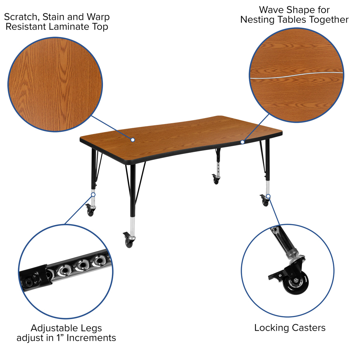 Oak Top/Black Frame |#| Mobile 76" Oval Wave Activity Table Set-14" Student Stack Chairs, Oak/Black