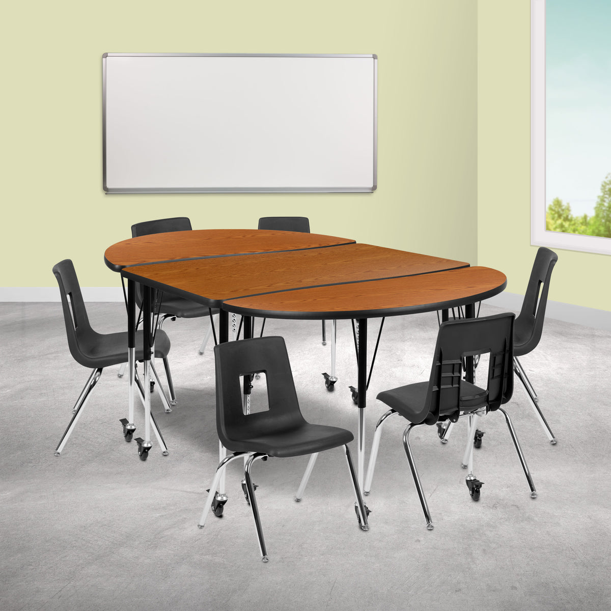 Oak Top/Black Frame |#| Mobile 76" Oval Wave Activity Table Set-16" Student Stack Chairs, Oak/Black