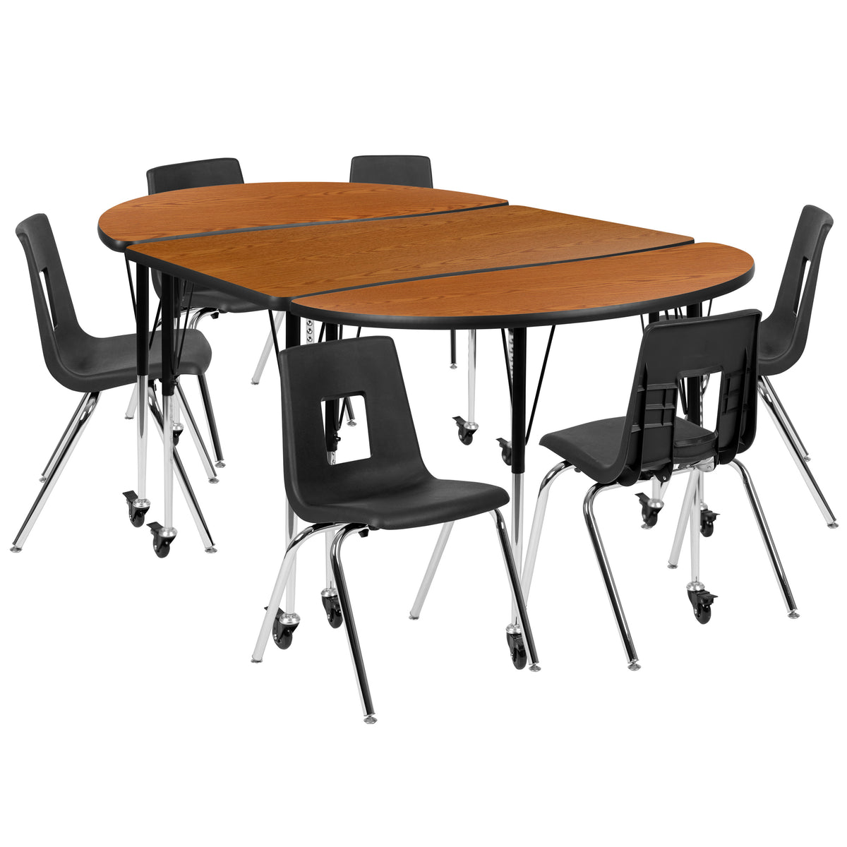 Oak Top/Black Frame |#| Mobile 76" Oval Wave Activity Table Set-18" Student Stack Chairs, Oak/Black