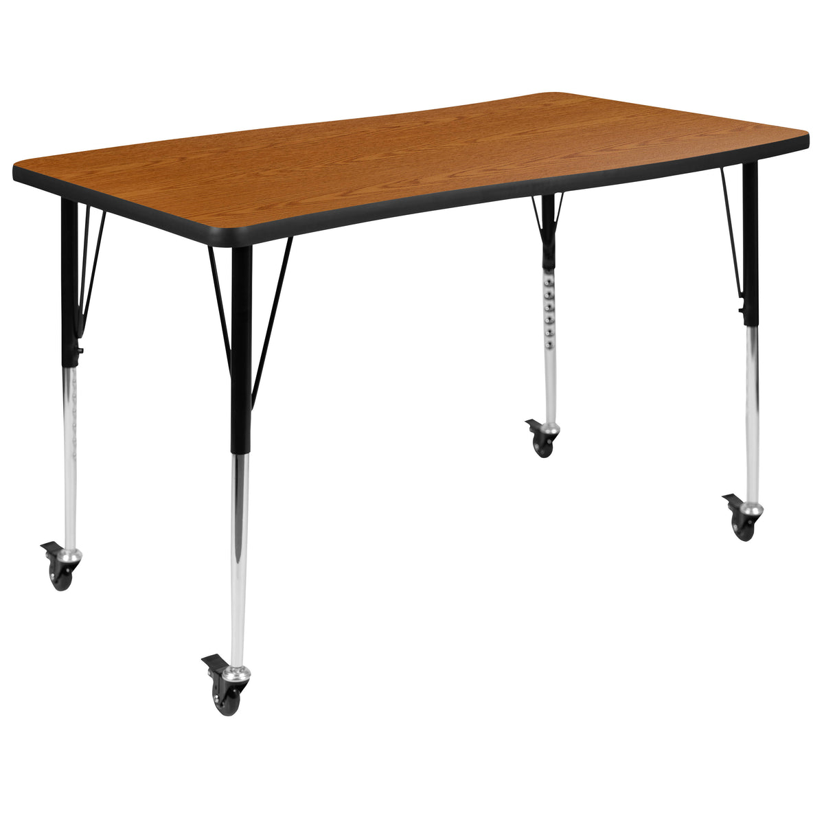 Oak Top/Black Frame |#| Mobile 76" Oval Wave Activity Table Set-18" Student Stack Chairs, Oak/Black