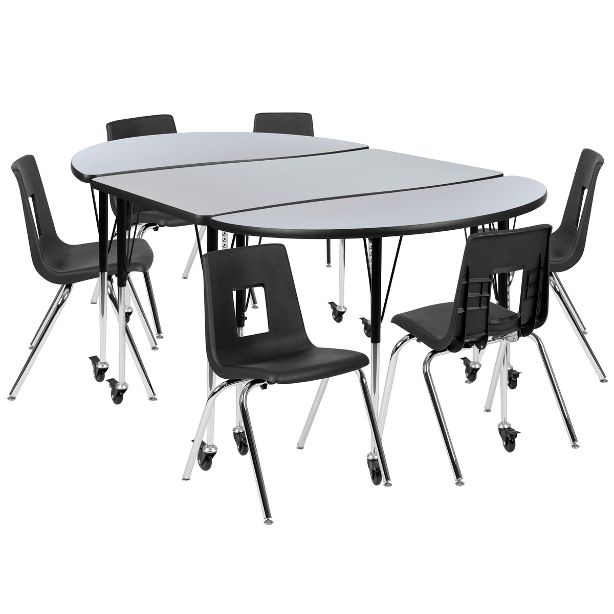 Grey Top/Black Frame |#| Mobile 76" Oval Wave Activity Table Set-18" Student Stack Chairs, Grey/Black