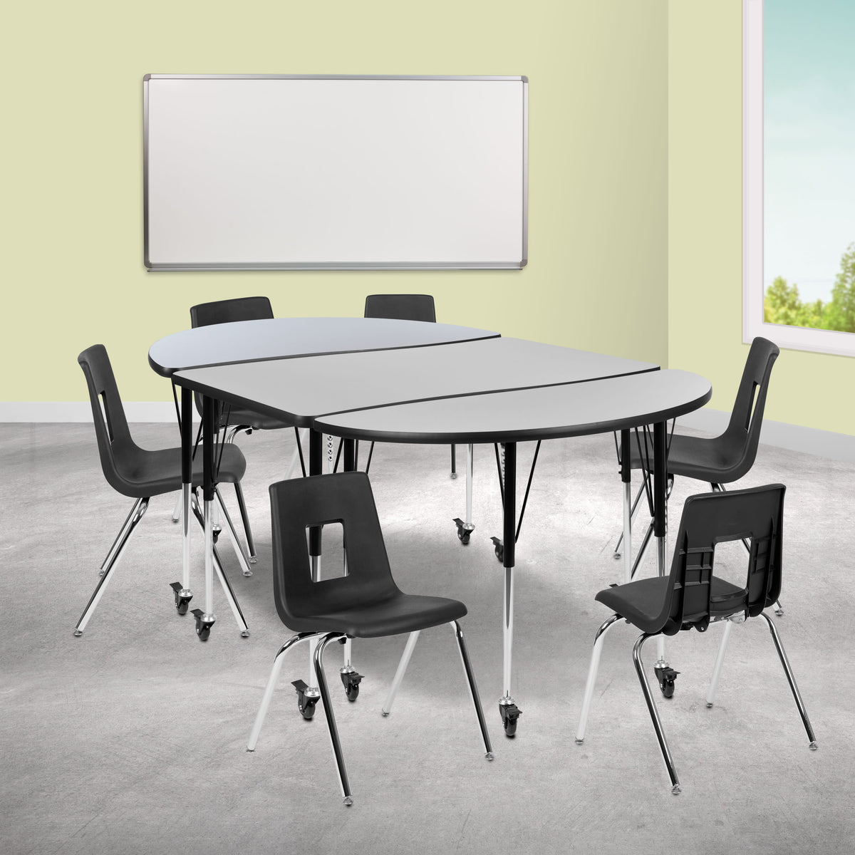 Grey Top/Black Frame |#| Mobile 76" Oval Wave Activity Table Set-18" Student Stack Chairs, Grey/Black