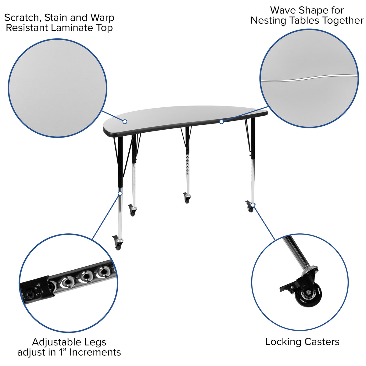 Grey Top/Black Frame |#| Mobile 76" Oval Wave Activity Table Set-18" Student Stack Chairs, Grey/Black