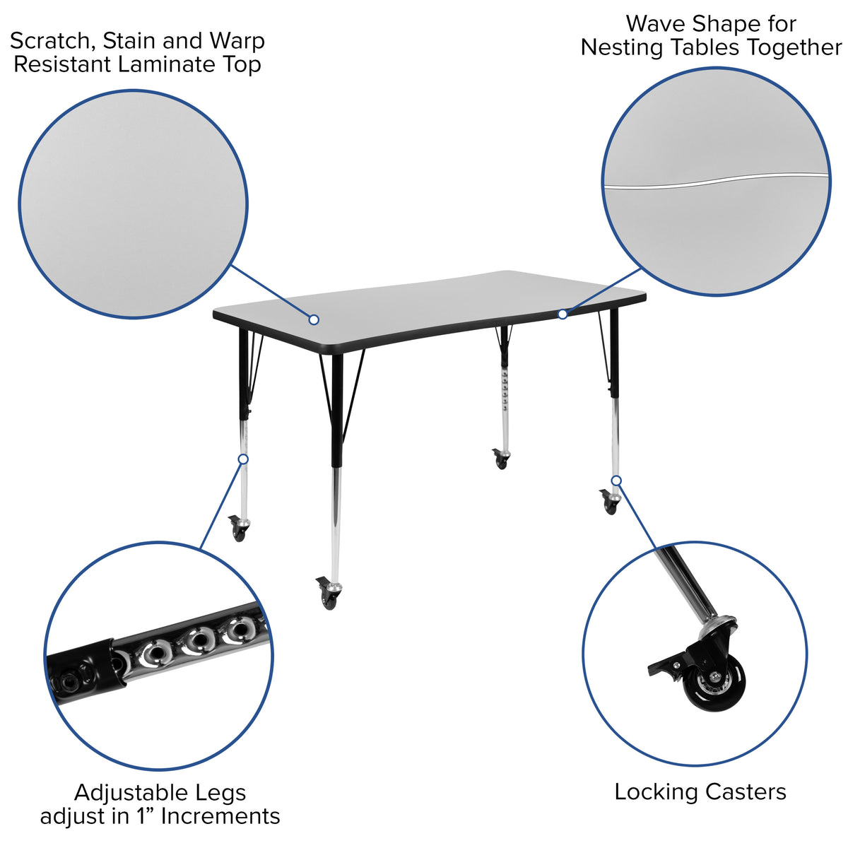 Grey Top/Black Frame |#| Mobile 76" Oval Wave Activity Table Set-18" Student Stack Chairs, Grey/Black