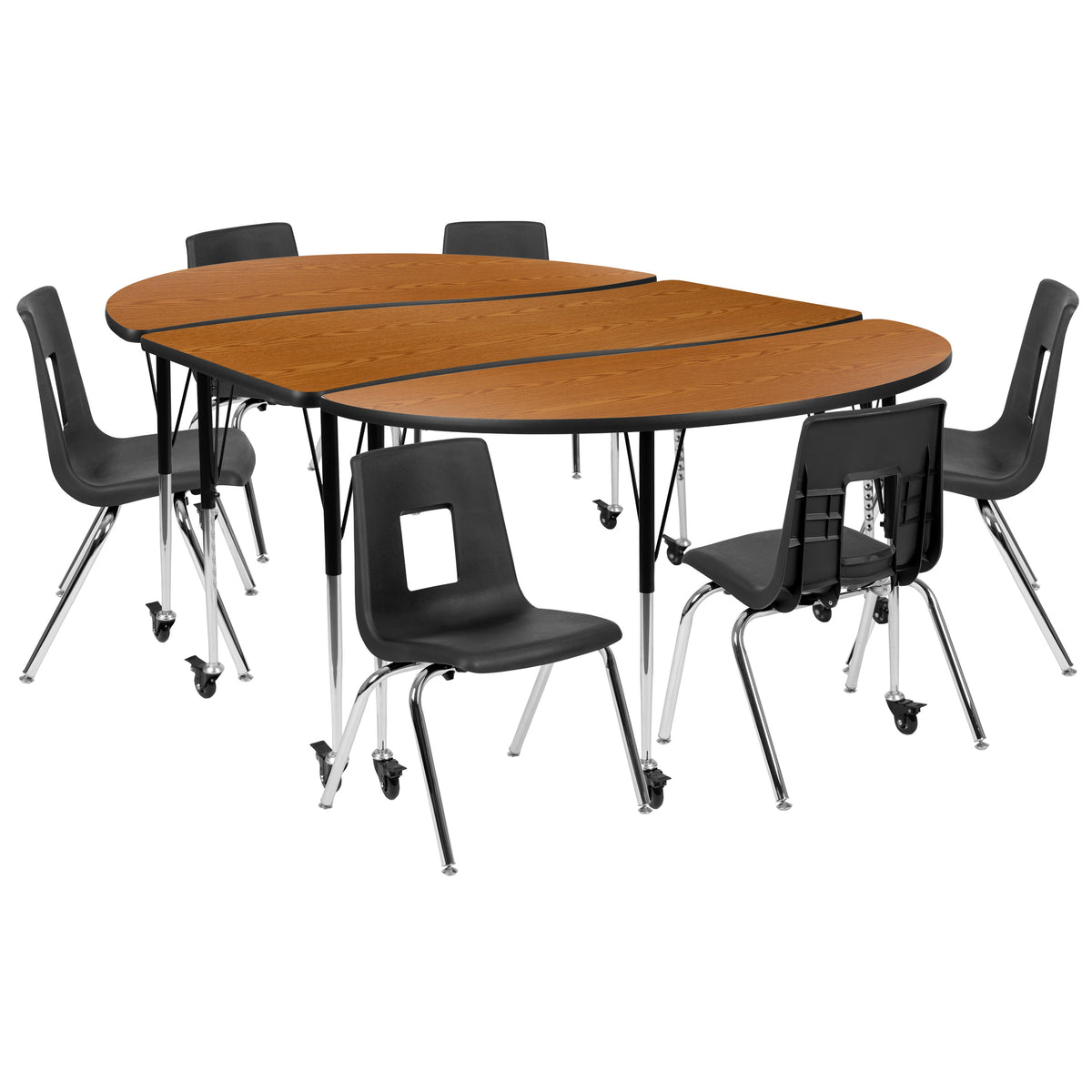 Oak Top/Black Frame |#| Mobile 86" Oval Wave Activity Table Set-16" Student Stack Chairs, Oak/Black