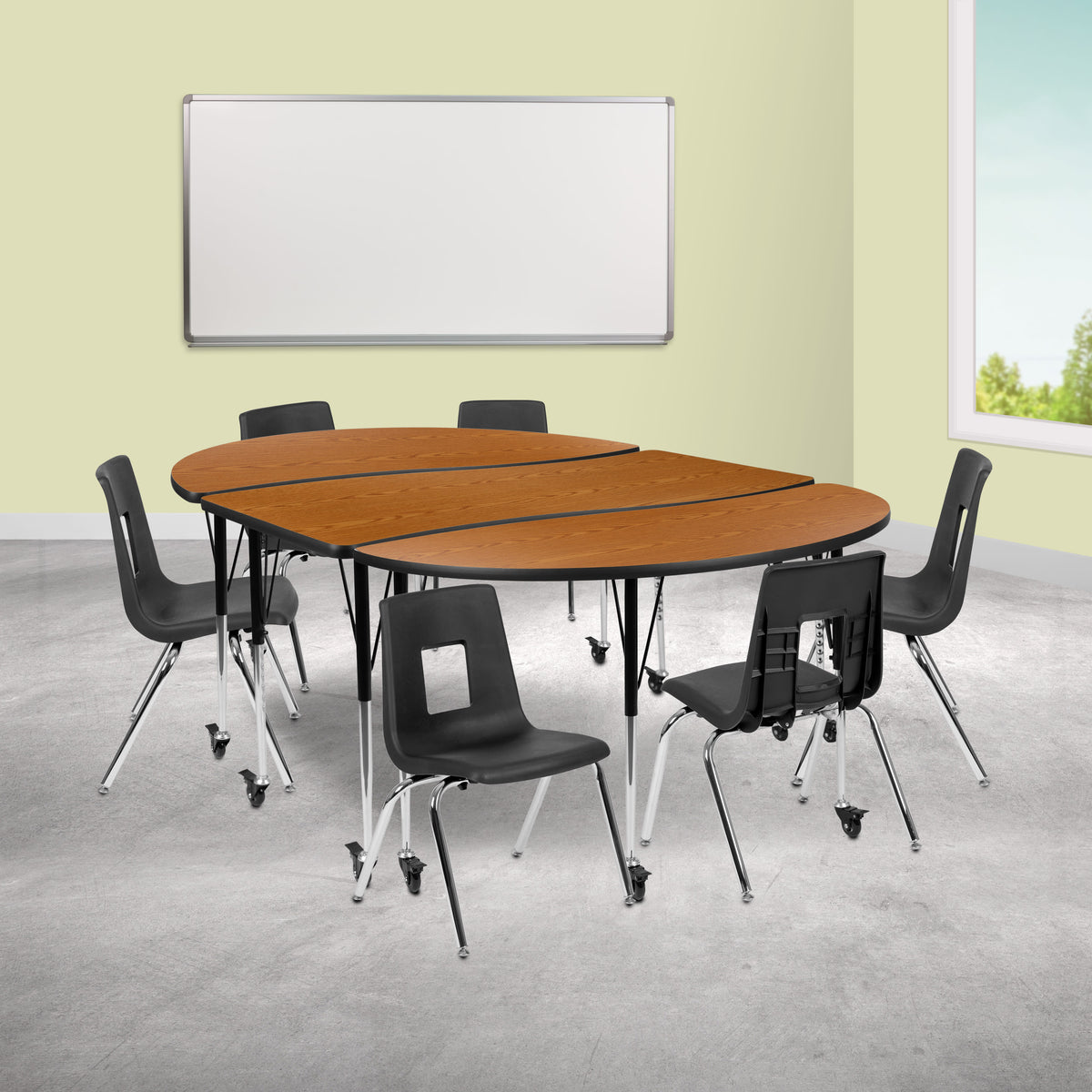Oak Top/Black Frame |#| Mobile 86" Oval Wave Activity Table Set-16" Student Stack Chairs, Oak/Black