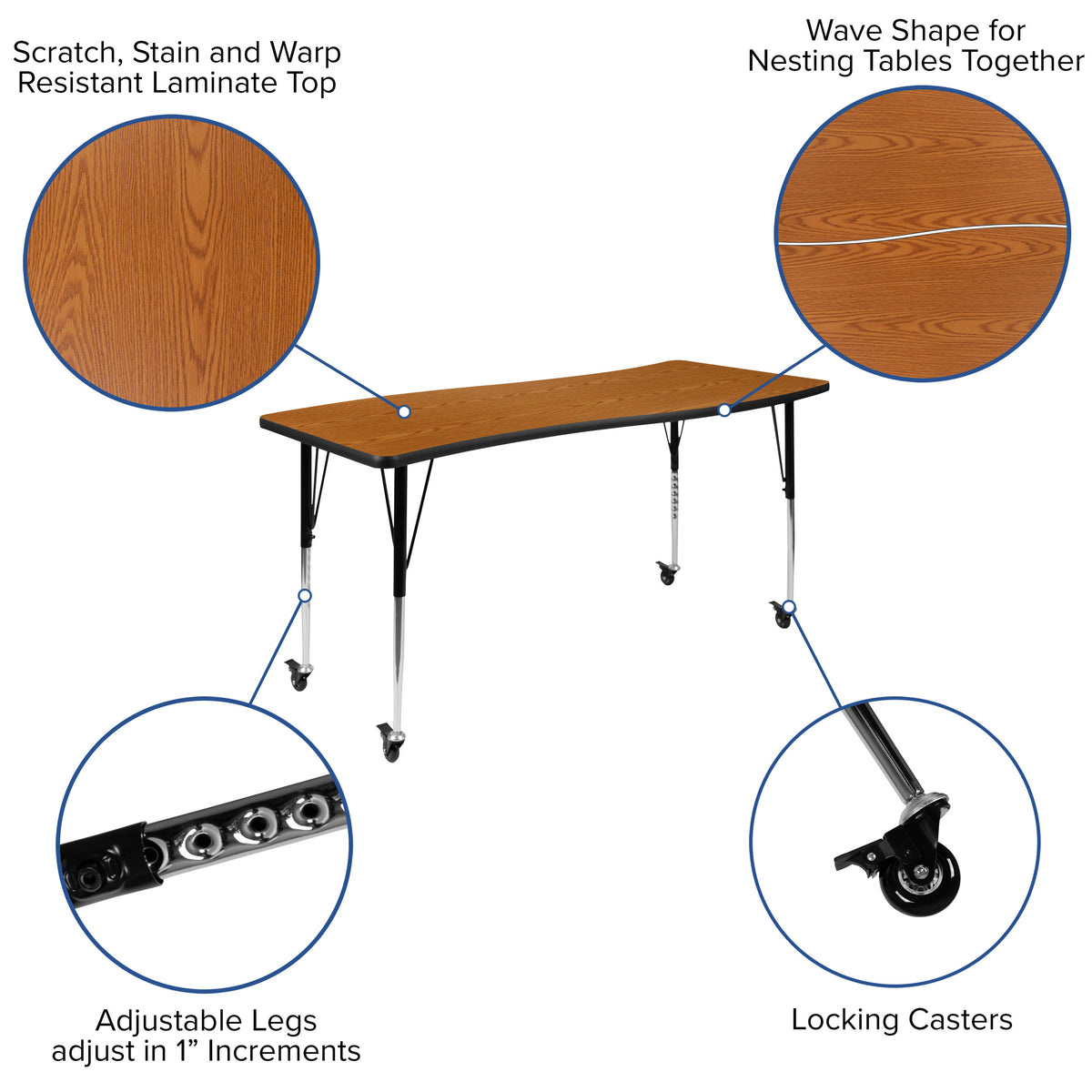 Oak Top/Black Frame |#| Mobile 86" Oval Wave Activity Table Set-16" Student Stack Chairs, Oak/Black