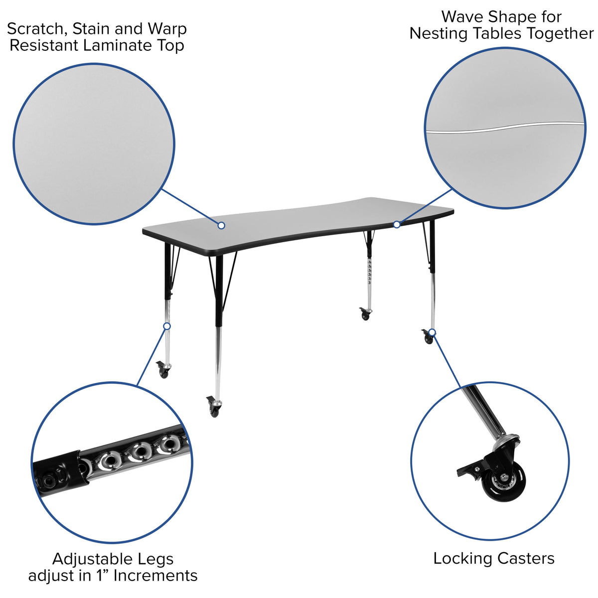 Grey Top/Black Frame |#| Mobile 86" Oval Wave Activity Table Set-16" Student Stack Chairs, Grey/Black