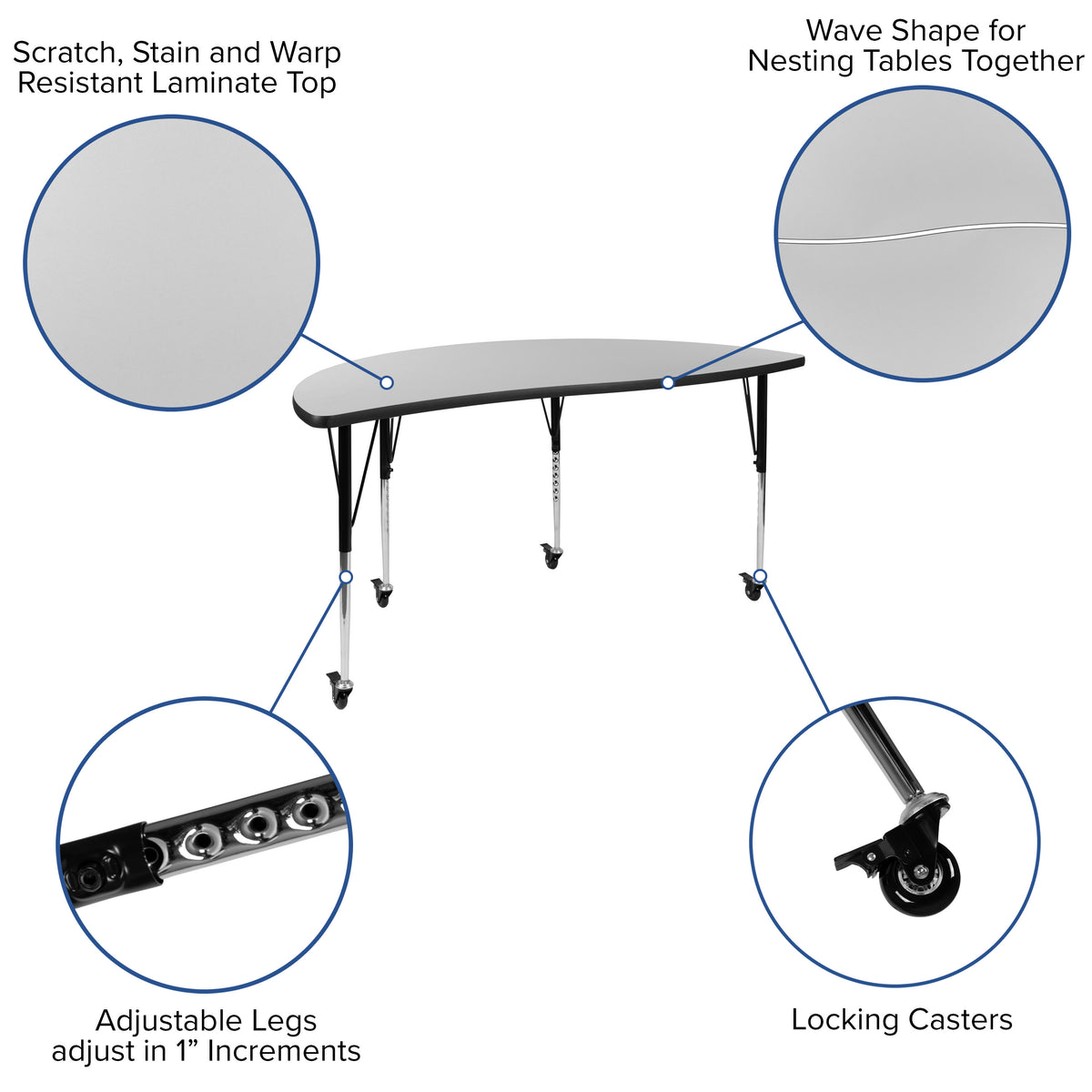 Grey Top/Black Frame |#| Mobile 86" Oval Wave Activity Table Set-18" Student Stack Chairs, Grey/Black