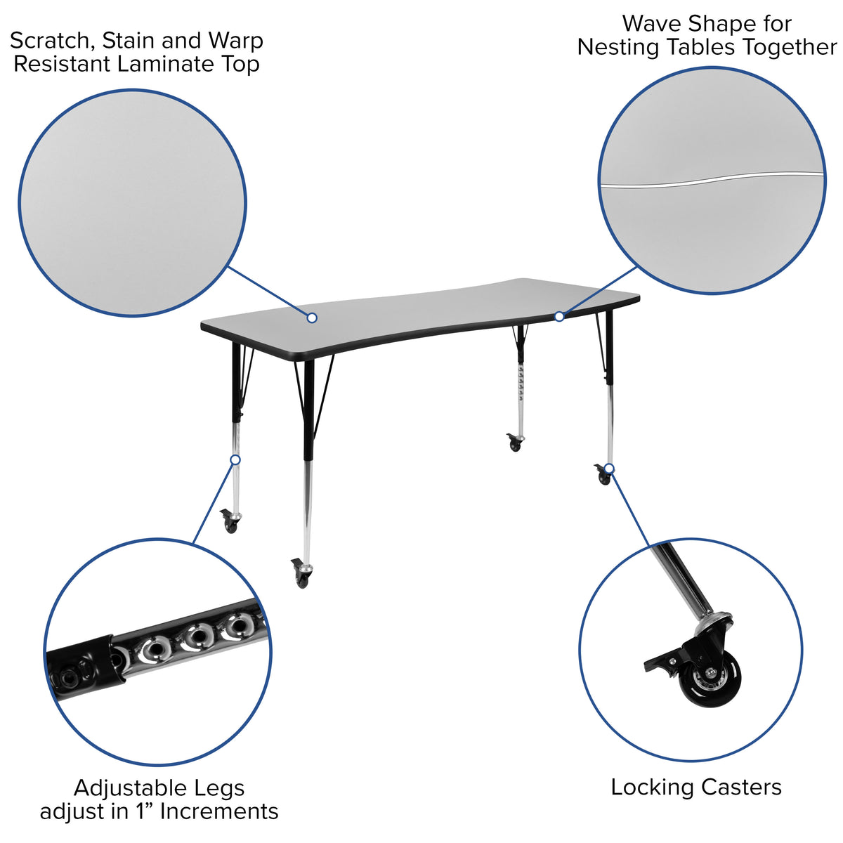 Grey Top/Black Frame |#| Mobile 86" Oval Wave Activity Table Set-18" Student Stack Chairs, Grey/Black