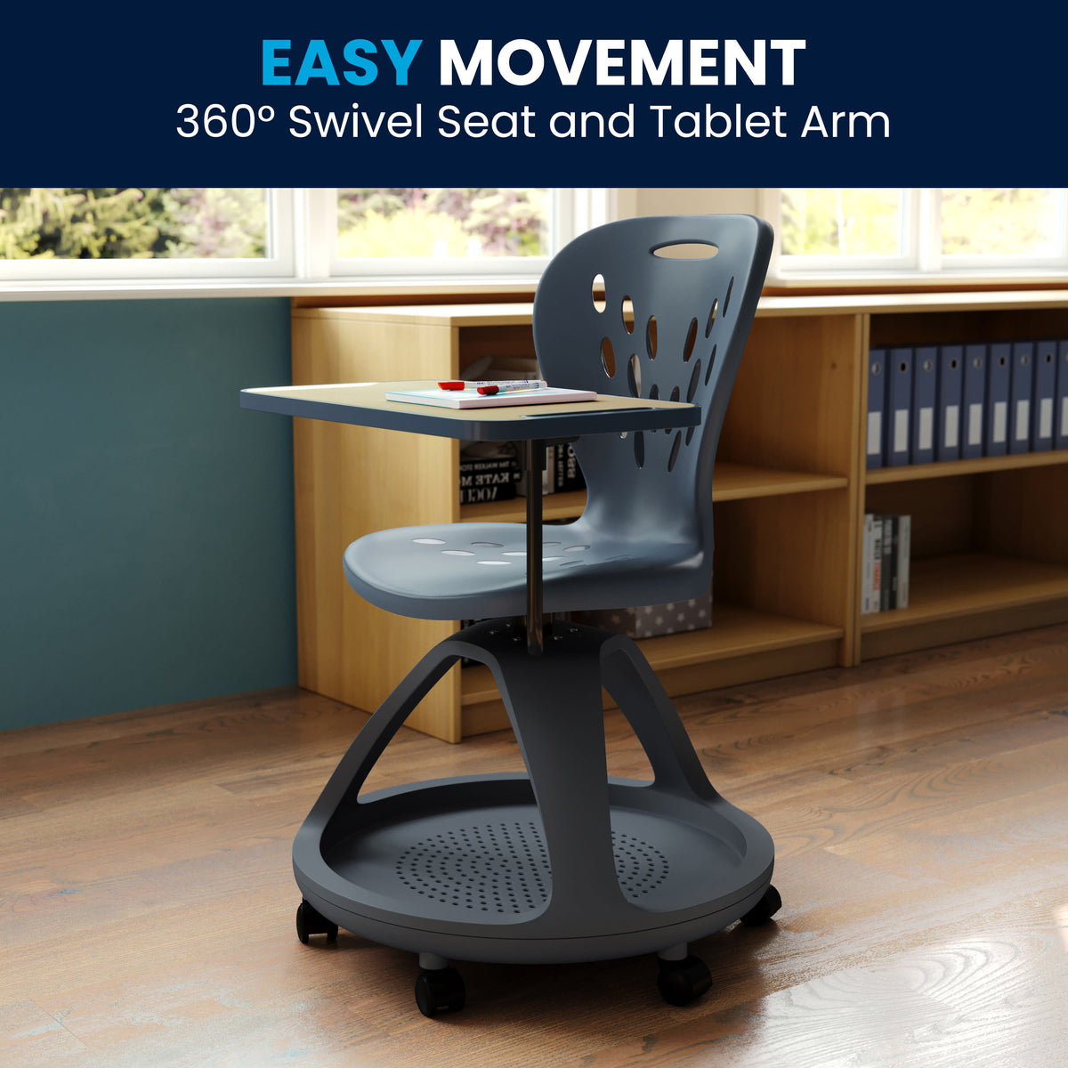 Dark Gray |#| Dark Gray Mobile Desk Chair - 360° Tablet Rotation and Storage Cubby