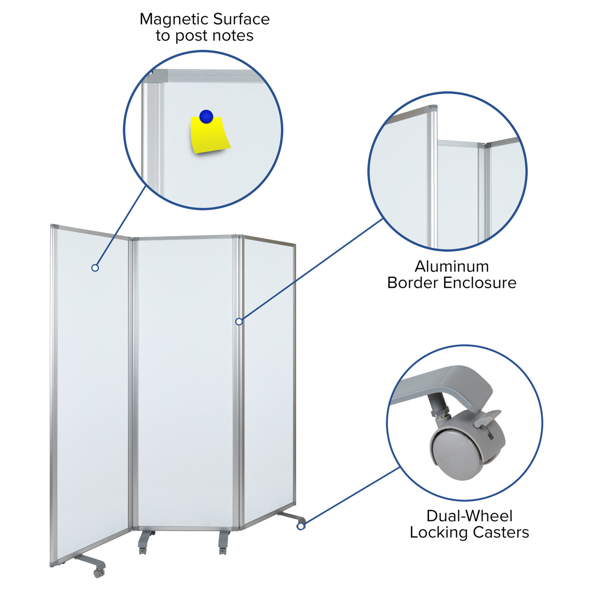Mobile Magnetic Whiteboard 3 Section Partition with Locking Casters, 72"H x 24"W