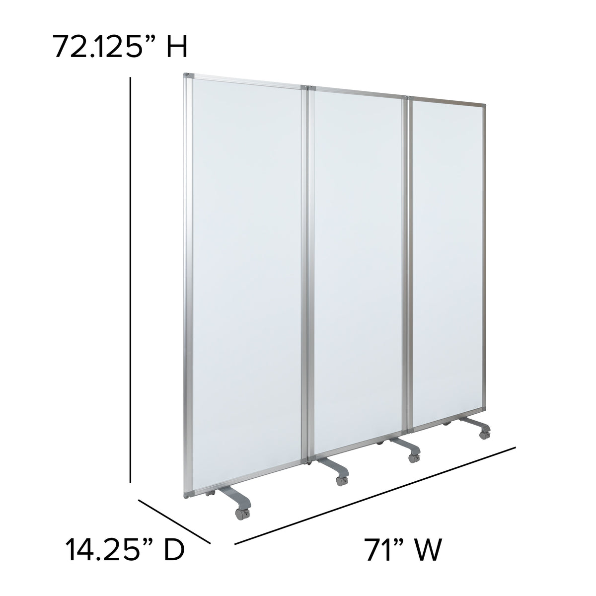 Mobile Magnetic Whiteboard 3 Section Partition with Locking Casters, 72"H x 24"W
