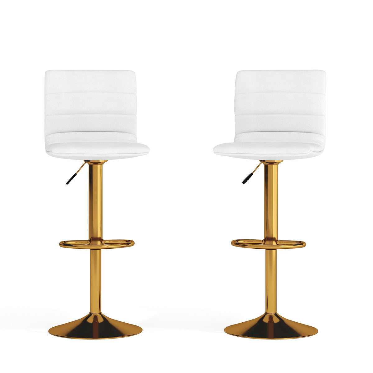 White Vinyl/Gold Frame |#| 2PK White Vinyl Adjustable Height Barstool w/ Horizontal Stitch Back & Gold Base