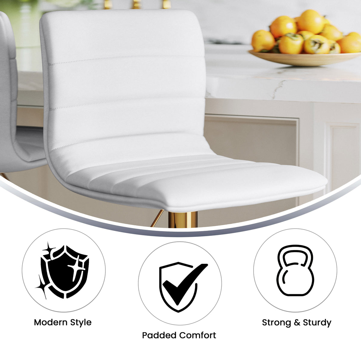 White Vinyl/Gold Frame |#| 2PK White Vinyl Adjustable Height Barstool w/ Horizontal Stitch Back & Gold Base