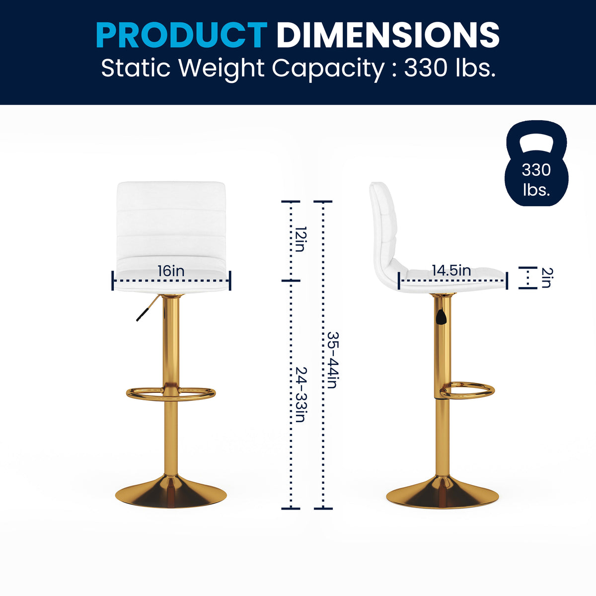 White Vinyl/Gold Frame |#| 2PK White Vinyl Adjustable Height Barstool w/ Horizontal Stitch Back & Gold Base