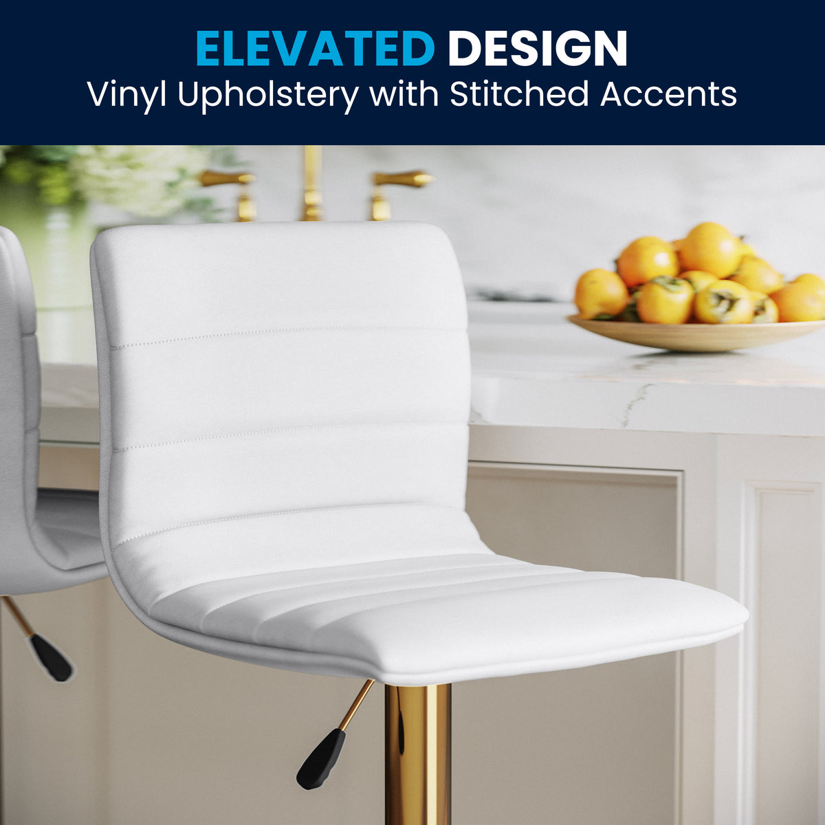 White Vinyl/Gold Frame |#| 2PK White Vinyl Adjustable Height Barstool w/ Horizontal Stitch Back & Gold Base