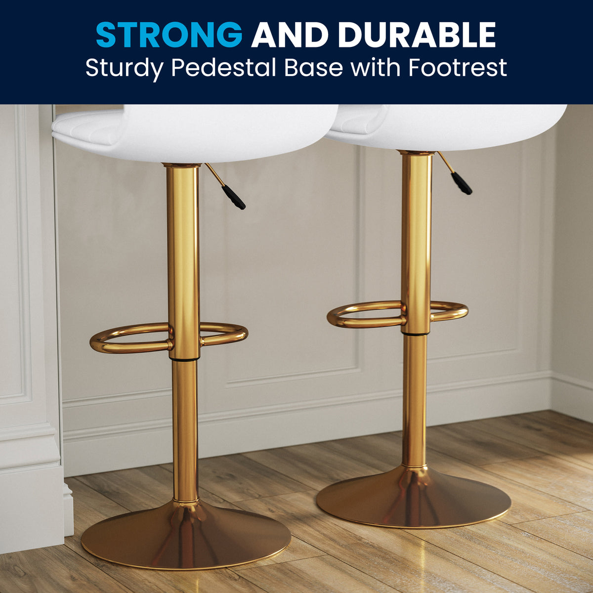 White Vinyl/Gold Frame |#| 2PK White Vinyl Adjustable Height Barstool w/ Horizontal Stitch Back & Gold Base