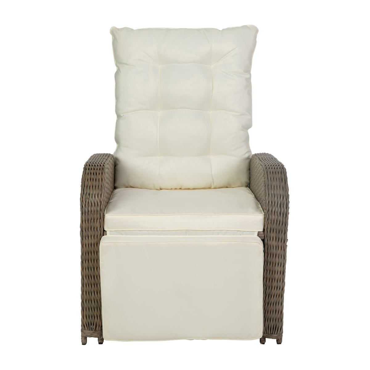 Beige Cushions/Brown Frame |#| Indoor/Outdoor Wicker Rattan Recliner with Flip-Up Side Table in Beige & Brown