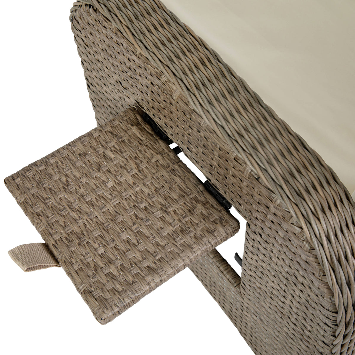 Beige Cushions/Brown Frame |#| Indoor/Outdoor Wicker Rattan Recliner with Flip-Up Side Table in Beige & Brown