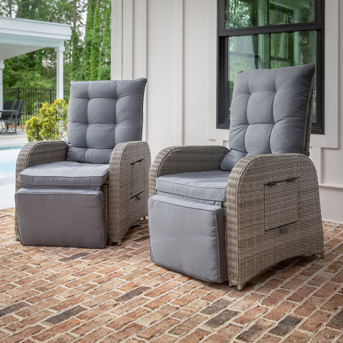 Gray Cushions/Gray Frame |#| Indoor/Outdoor Wicker Rattan Recliner with Flip-Up Side Table in Gray