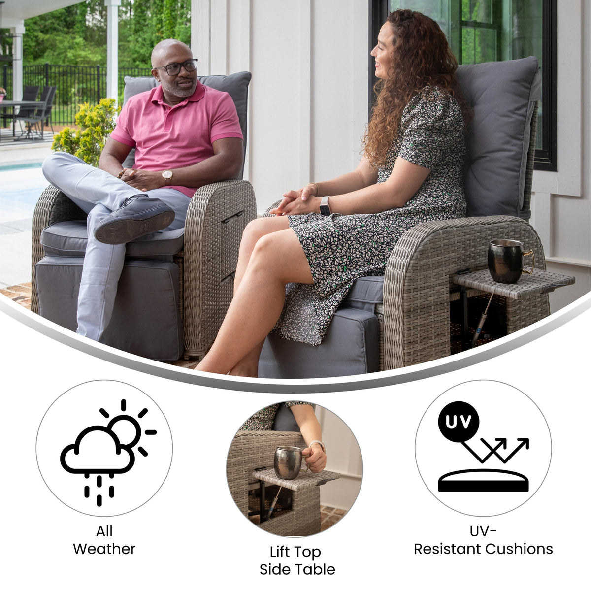 Gray Cushions/Gray Frame |#| Indoor/Outdoor Wicker Rattan Recliner with Flip-Up Side Table in Gray