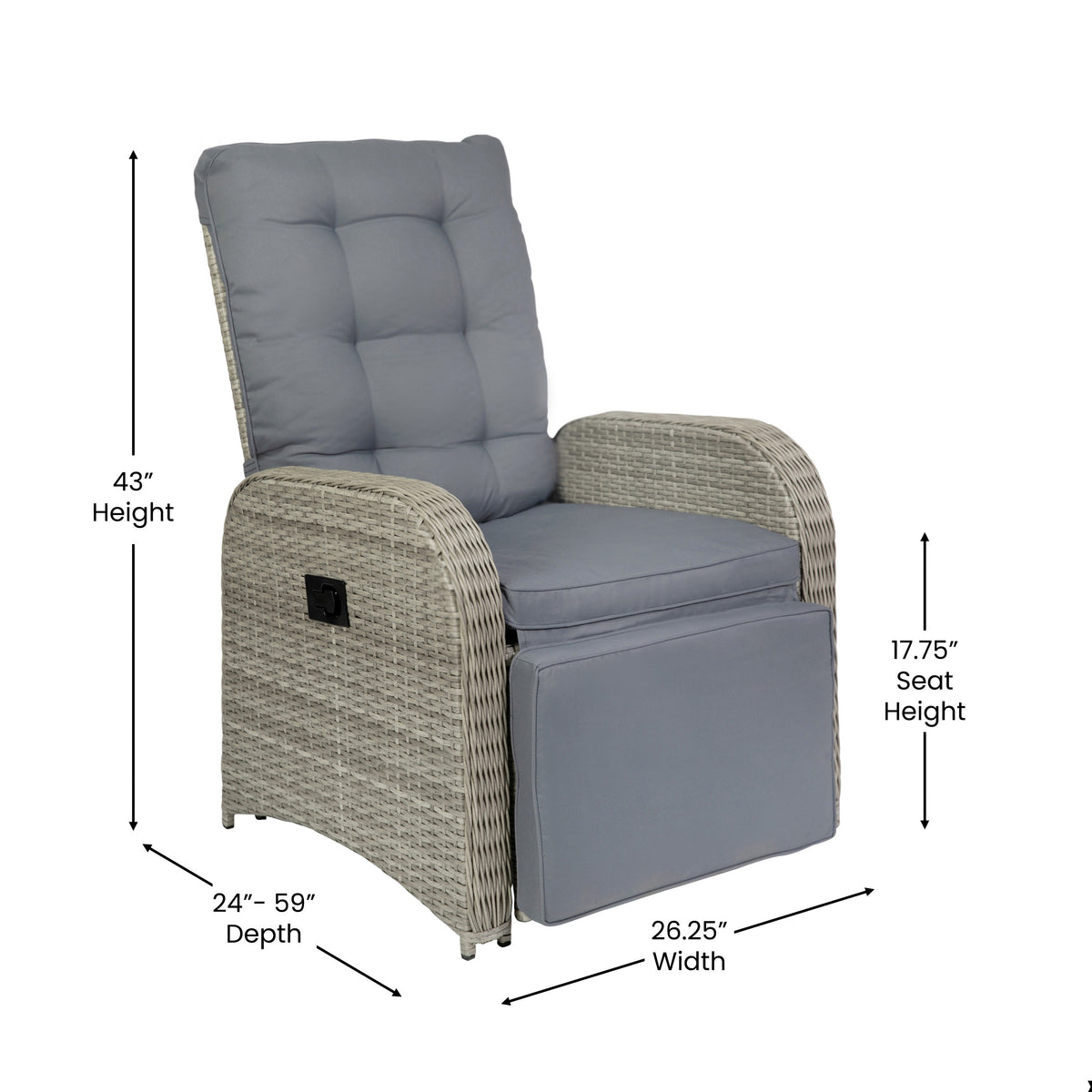 Gray Cushions/Gray Frame |#| Indoor/Outdoor Wicker Rattan Recliner with Flip-Up Side Table in Gray