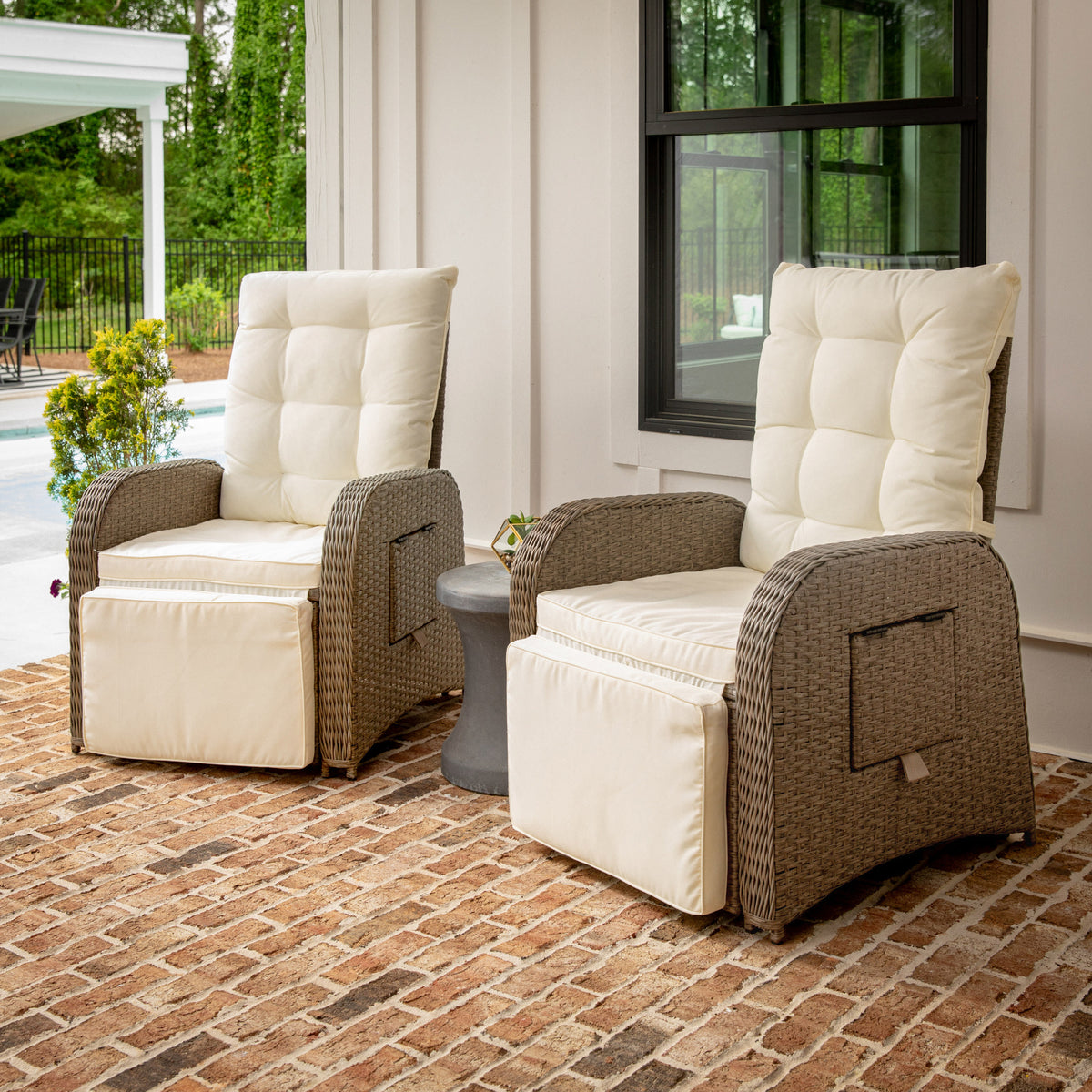 Beige Cushions/Brown Frame |#| Indoor/Outdoor Wicker Rattan Recliner with Flip-Up Side Table in Beige & Brown