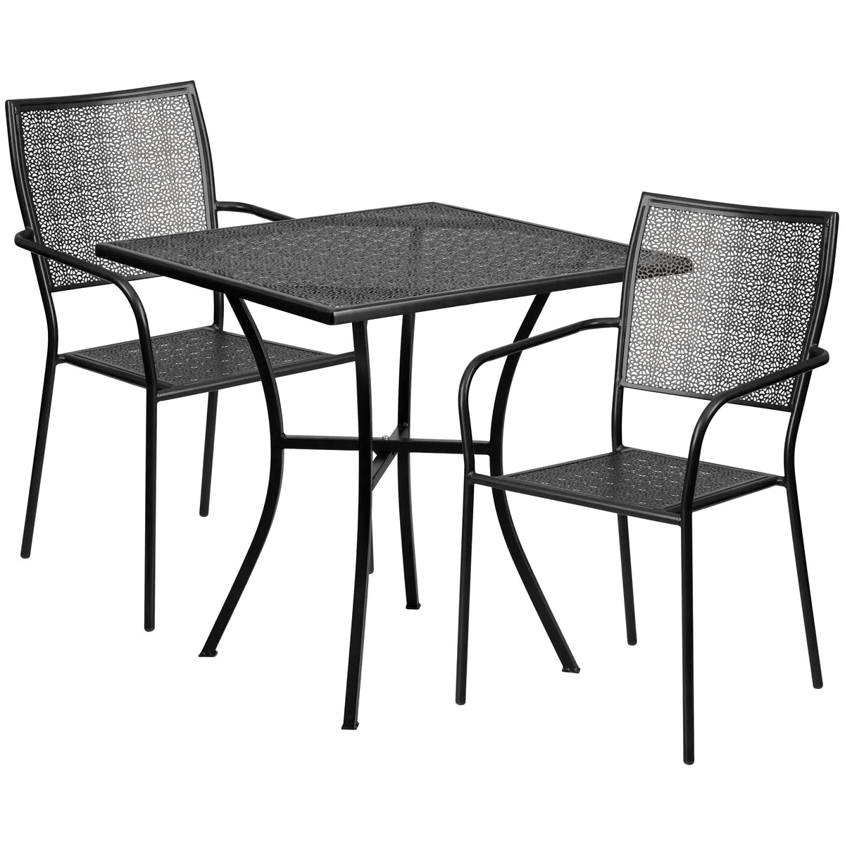 Black |#| 28" Square Black Indoor-Outdoor Steel Patio Table Set with 2 Square Back Chairs