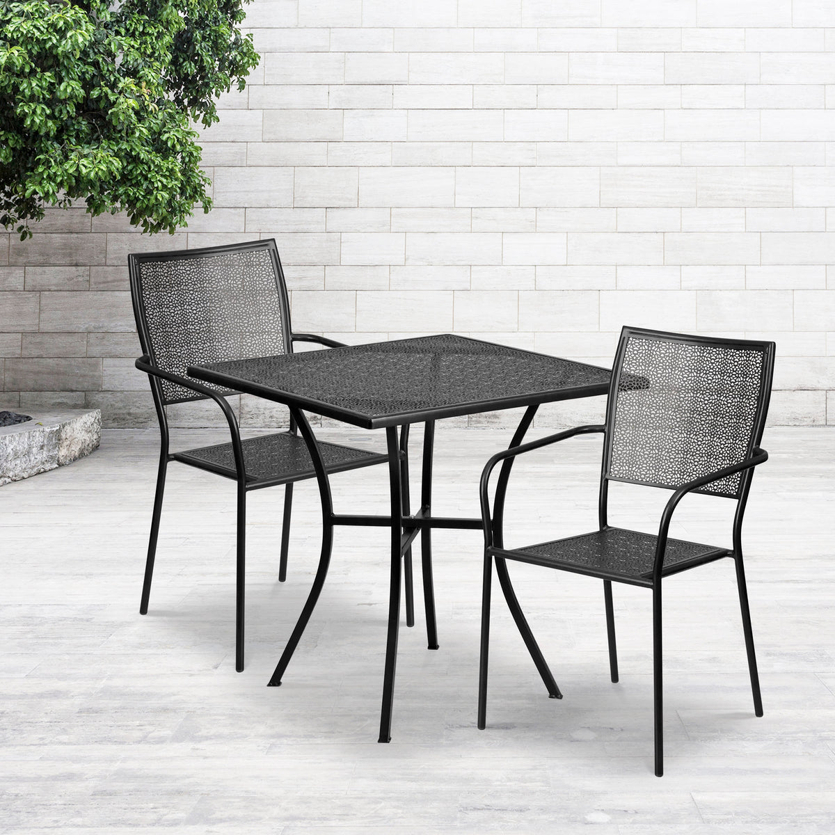 Black |#| 28" Square Black Indoor-Outdoor Steel Patio Table Set with 2 Square Back Chairs