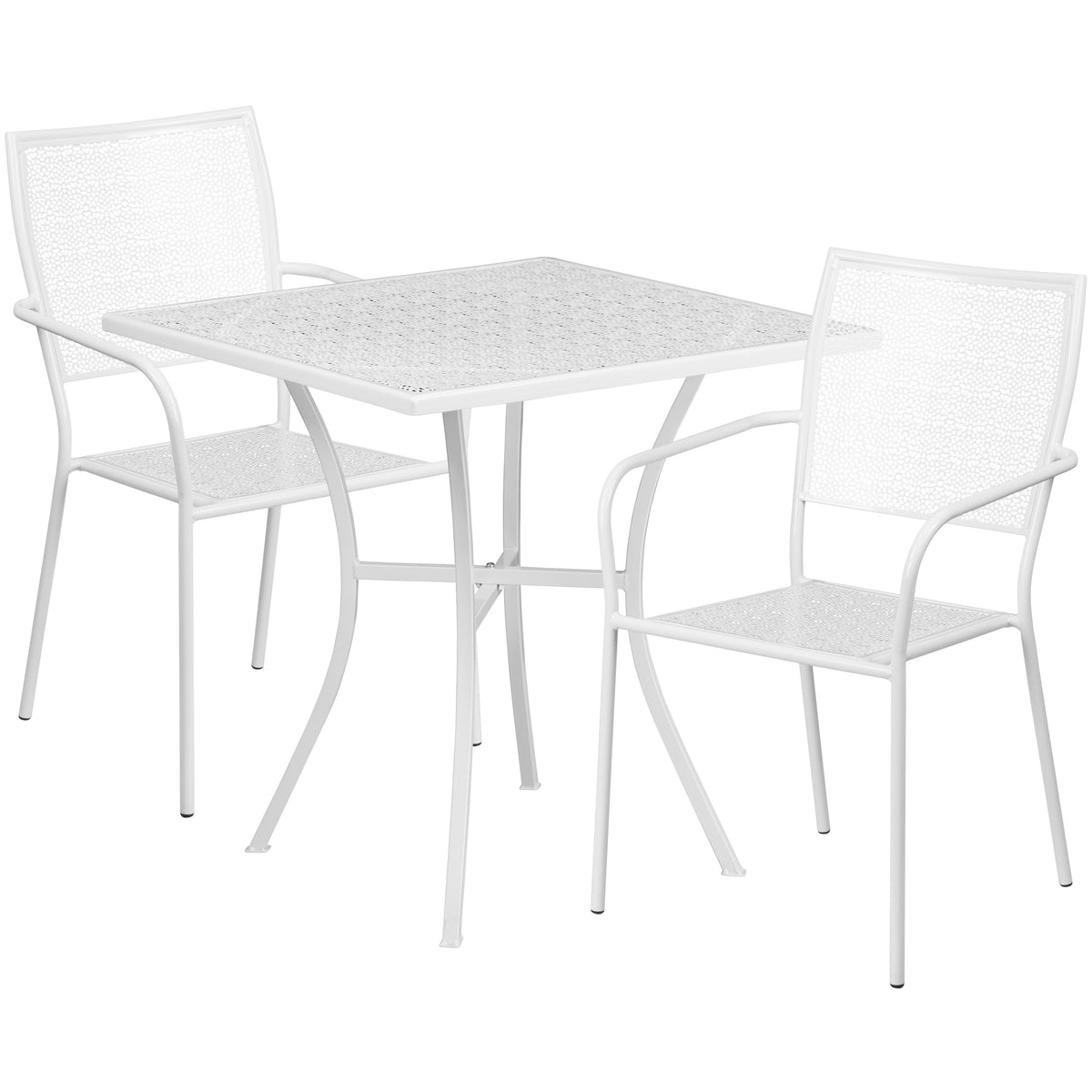 White |#| 28" Square White Indoor-Outdoor Steel Patio Table Set with 2 Square Back Chairs