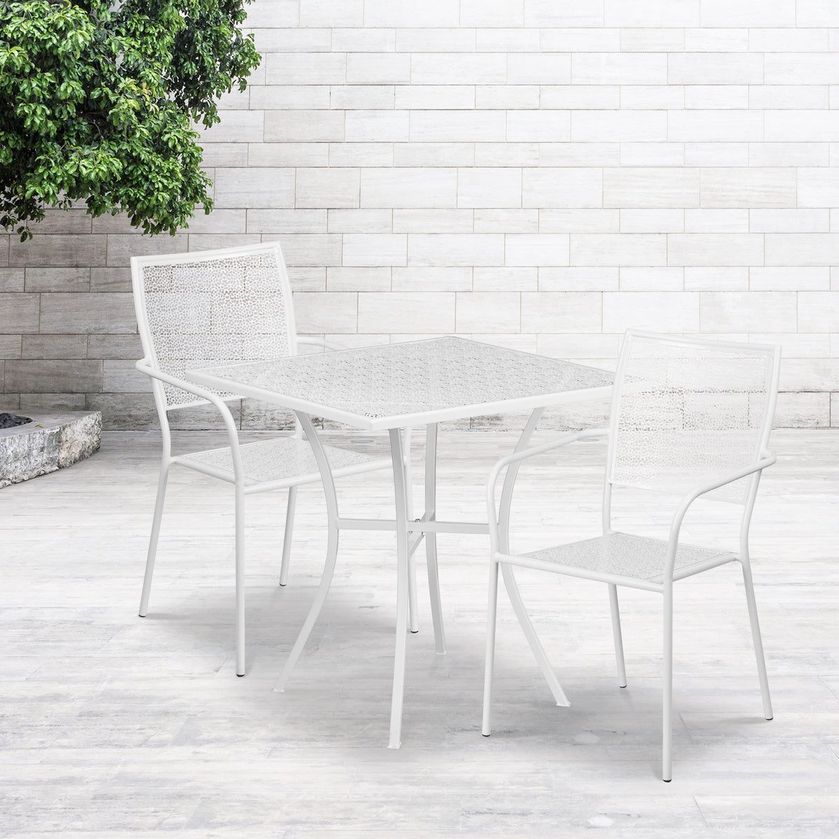 White |#| 28" Square White Indoor-Outdoor Steel Patio Table Set with 2 Square Back Chairs