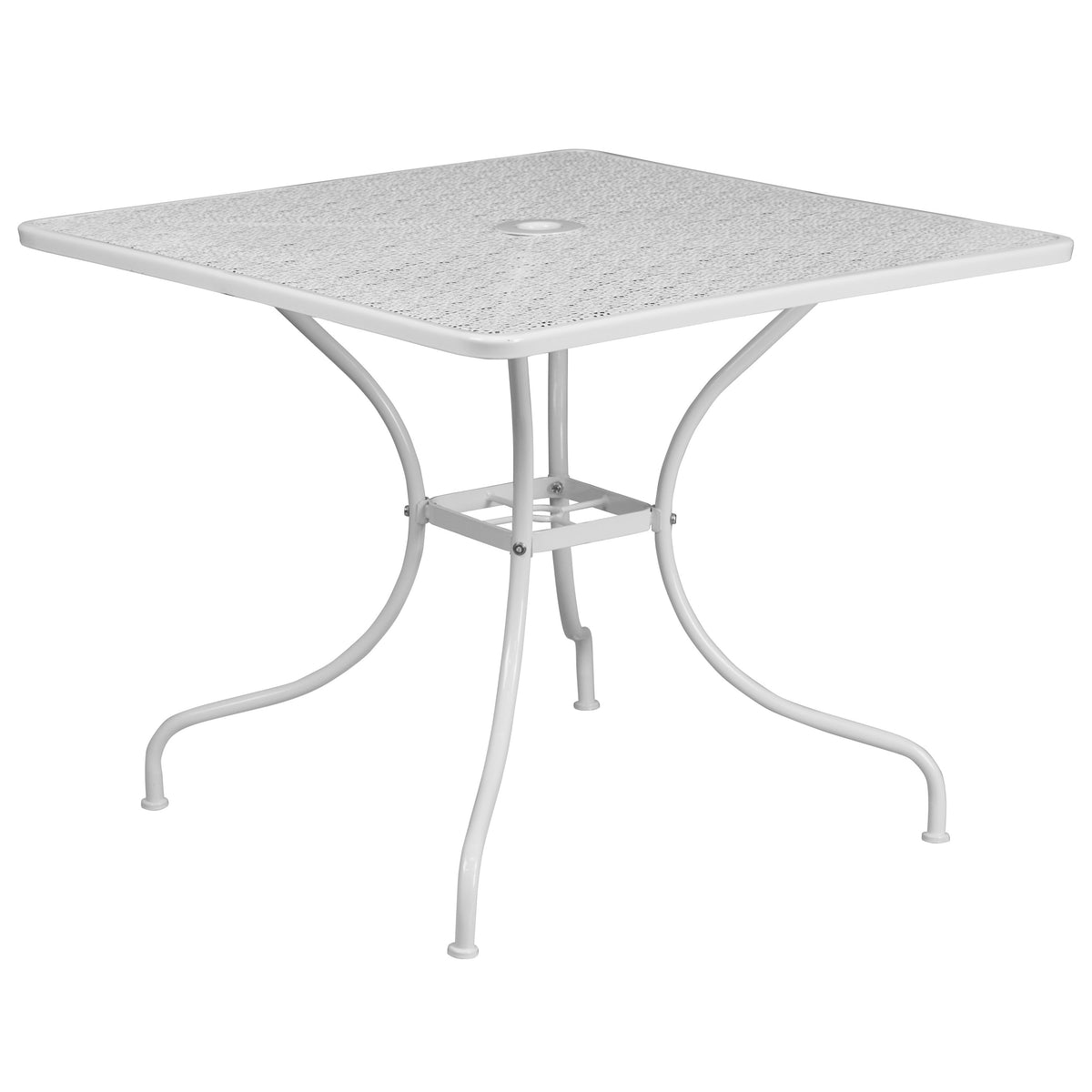 White |#| 35.5" Square White Indoor-Outdoor Steel Patio Table-Umbrella Hole-Restaurant