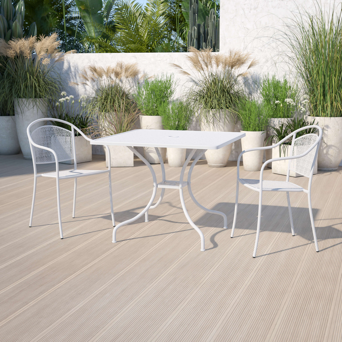 White |#| 35.5" Square White Indoor-Outdoor Steel Patio Table-Umbrella Hole-Restaurant