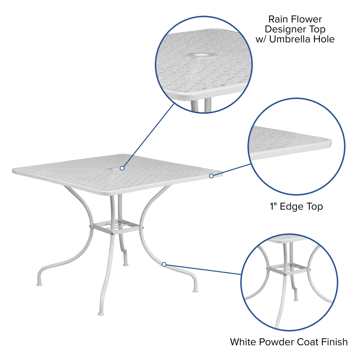 White |#| 35.5" Square White Indoor-Outdoor Steel Patio Table-Umbrella Hole-Restaurant