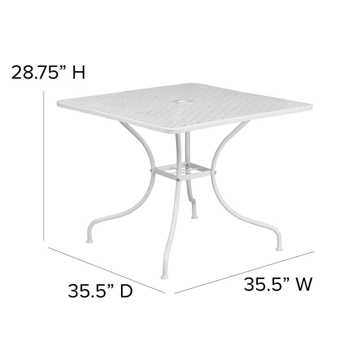 White |#| 35.5" Square White Indoor-Outdoor Steel Patio Table-Umbrella Hole-Restaurant