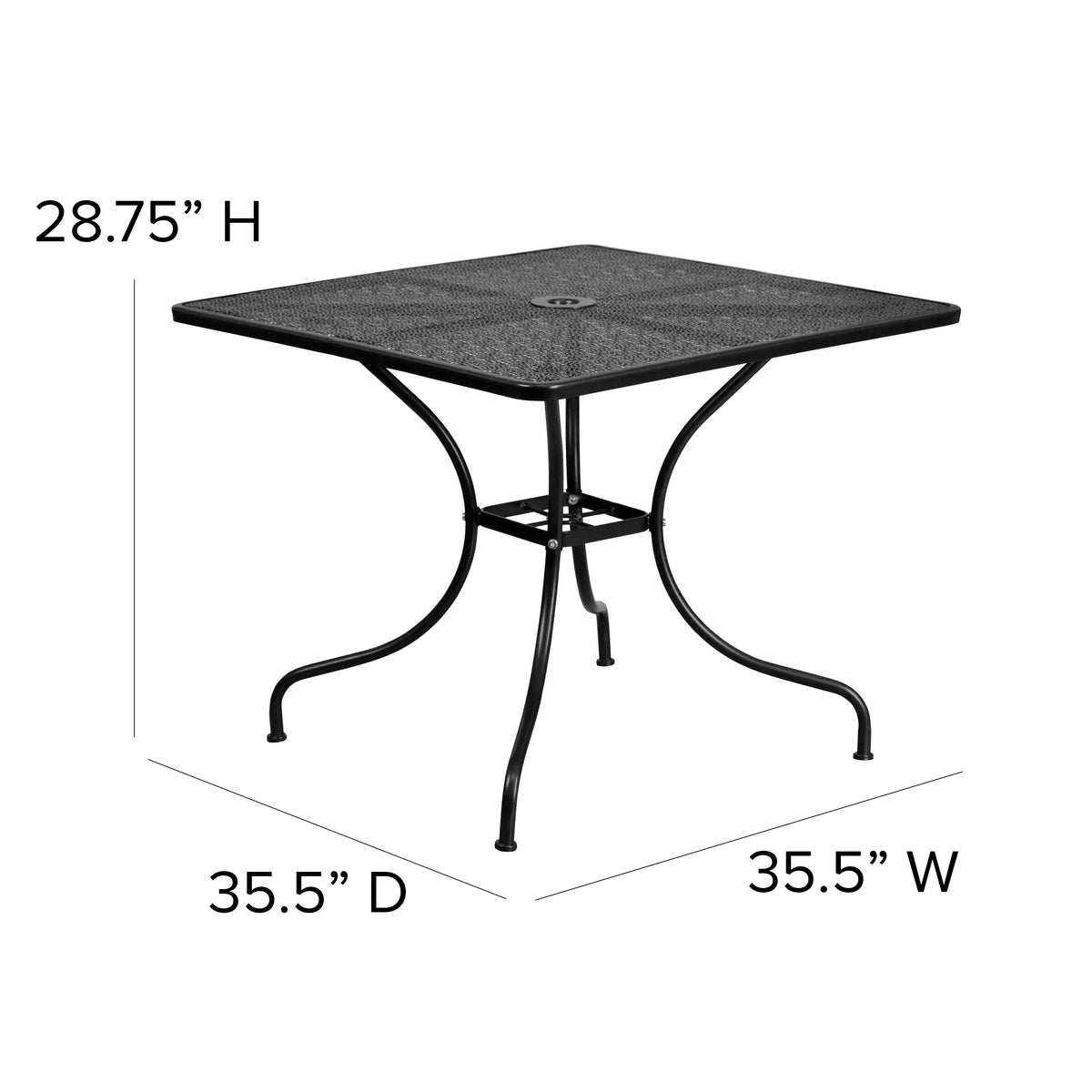 Black |#| 35.5" Square Black Indoor-Outdoor Steel Patio Table-Umbrella Hole-Restaurant
