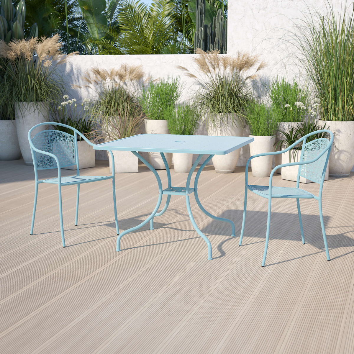Sky Blue |#| 35.5" SQ Sky Blue Indoor-Outdoor Steel Patio Table-Umbrella Hole-Restaurant
