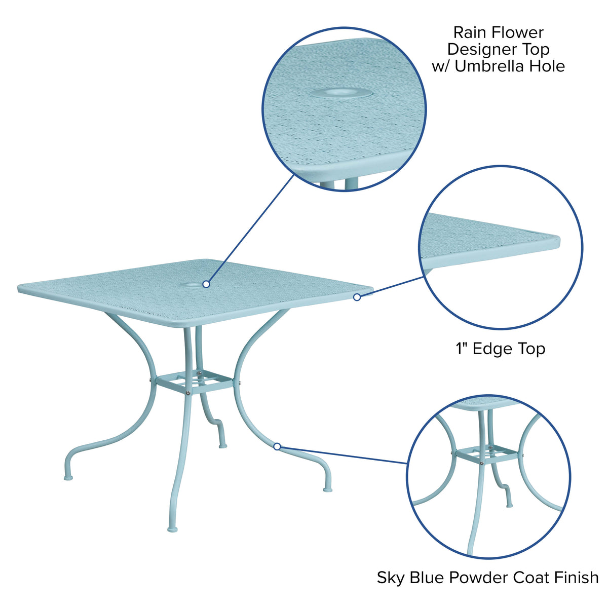 Sky Blue |#| 35.5" SQ Sky Blue Indoor-Outdoor Steel Patio Table-Umbrella Hole-Restaurant