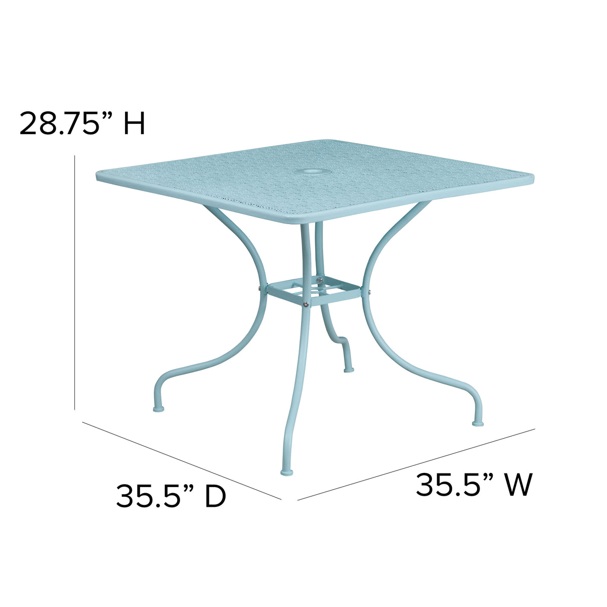 Sky Blue |#| 35.5" SQ Sky Blue Indoor-Outdoor Steel Patio Table-Umbrella Hole-Restaurant