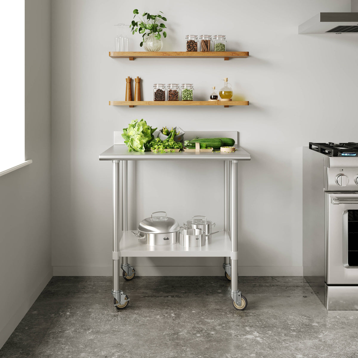 36"W x 30"D |#| Commercial Stainless Steel Work Table with 4" Backsplash- Adj. Undershelf-30x36