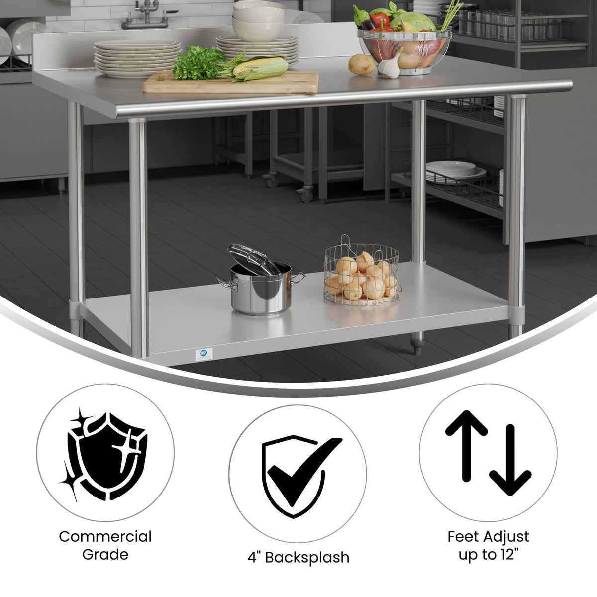 48"W x 30"D x 39.25"H |#| Commercial Stainless Steel Kitchen Prep and Work Table with Shelf and Backsplash