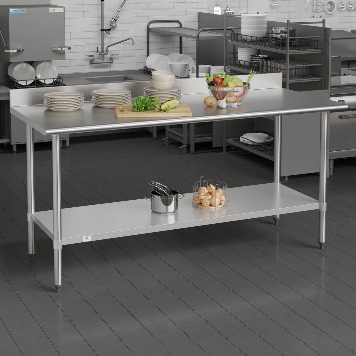 72"W x 30"D x 39.25"H |#| Commercial Stainless Steel Kitchen Prep and Work Table with Shelf and Backsplash