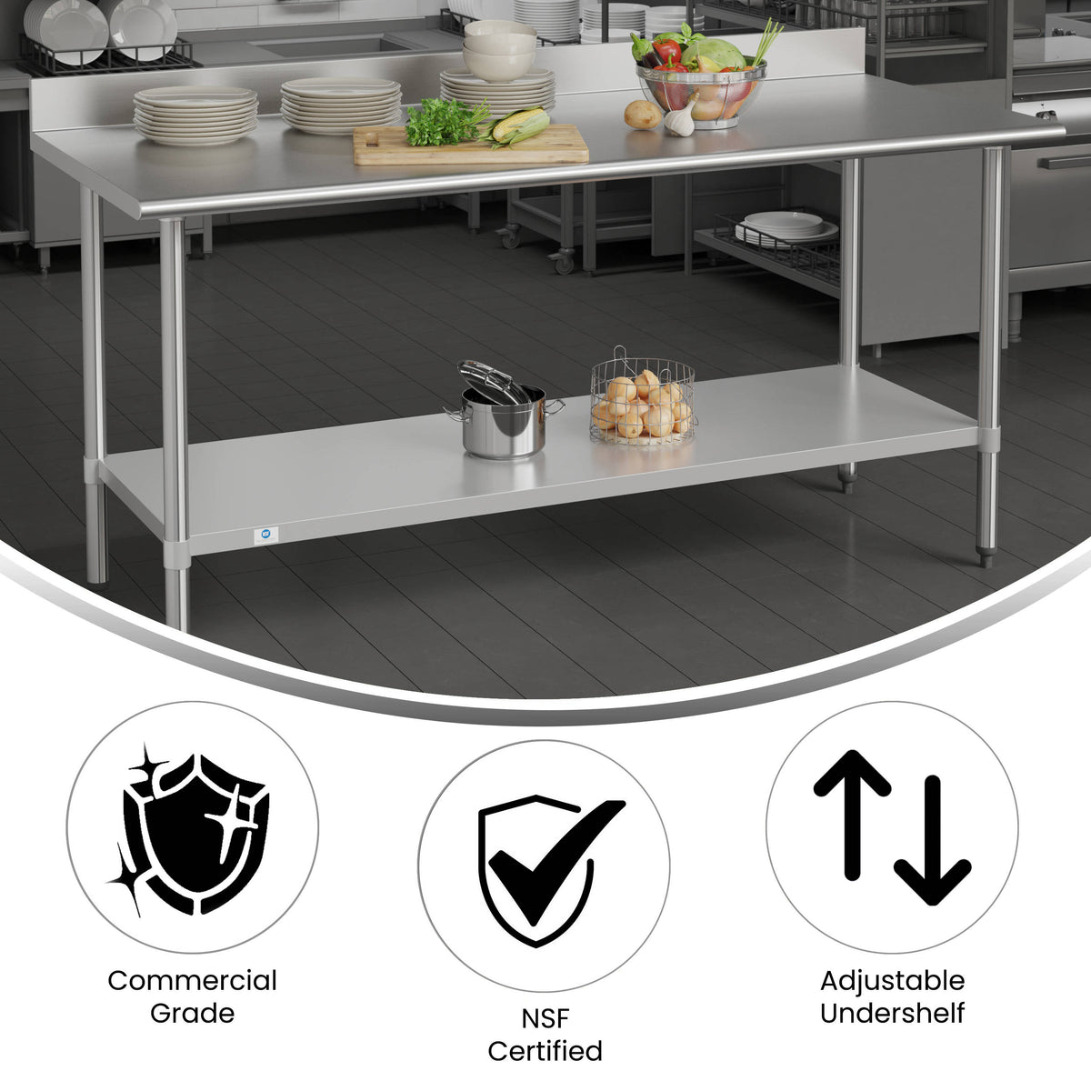 72"W x 30"D x 39.25"H |#| Commercial Stainless Steel Kitchen Prep and Work Table with Shelf and Backsplash